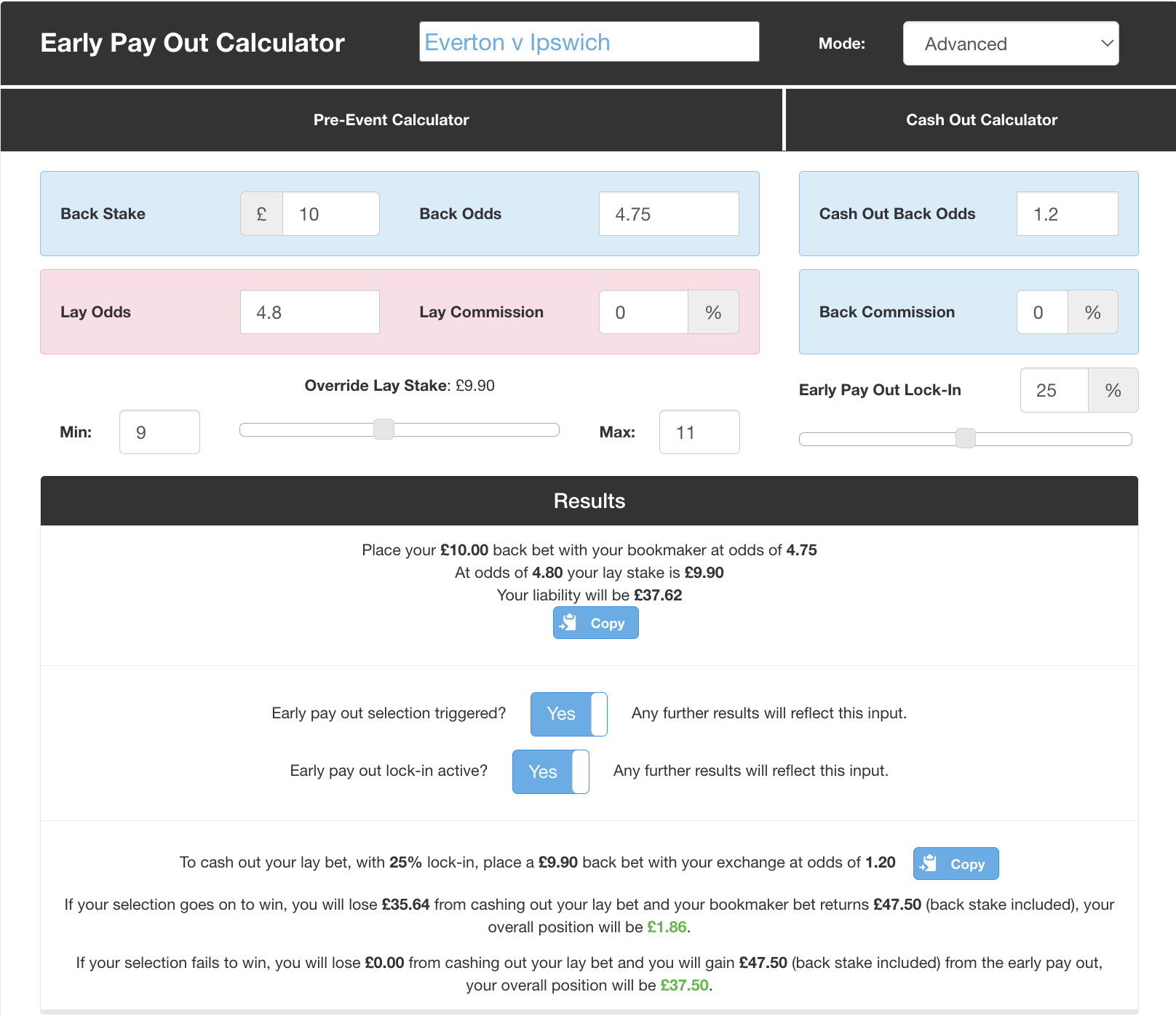 Early Pay Out Calculator in advanced mode